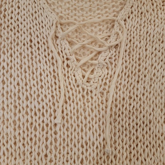 Vince Sweater Size Large Tan Shoelace Neck Hand Knit Chunky Open Cotton Airy - Picture 4 of 9